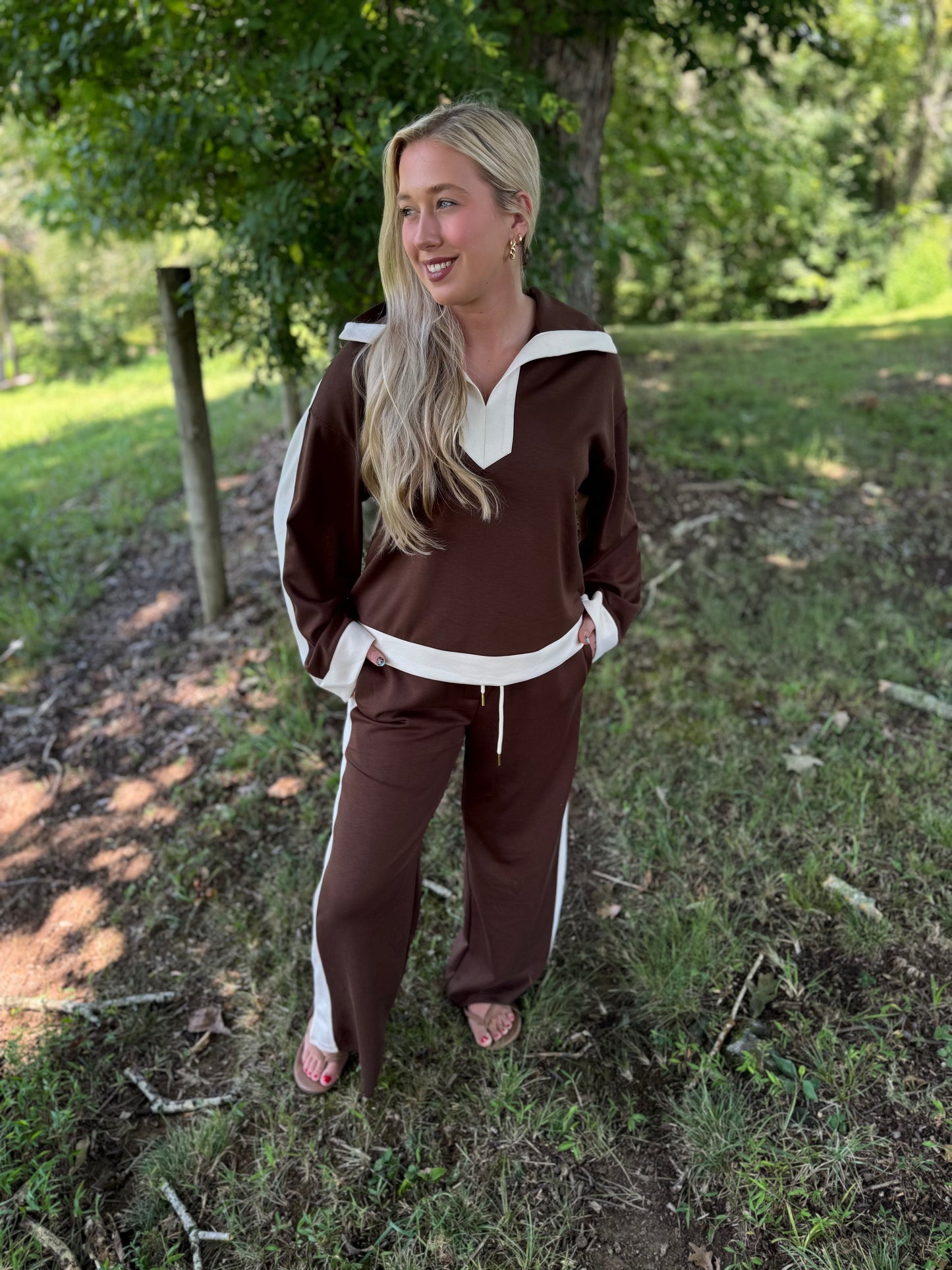 Leona Brown & Ivory Luxe Knit Matching Set W/ Color Block Details
