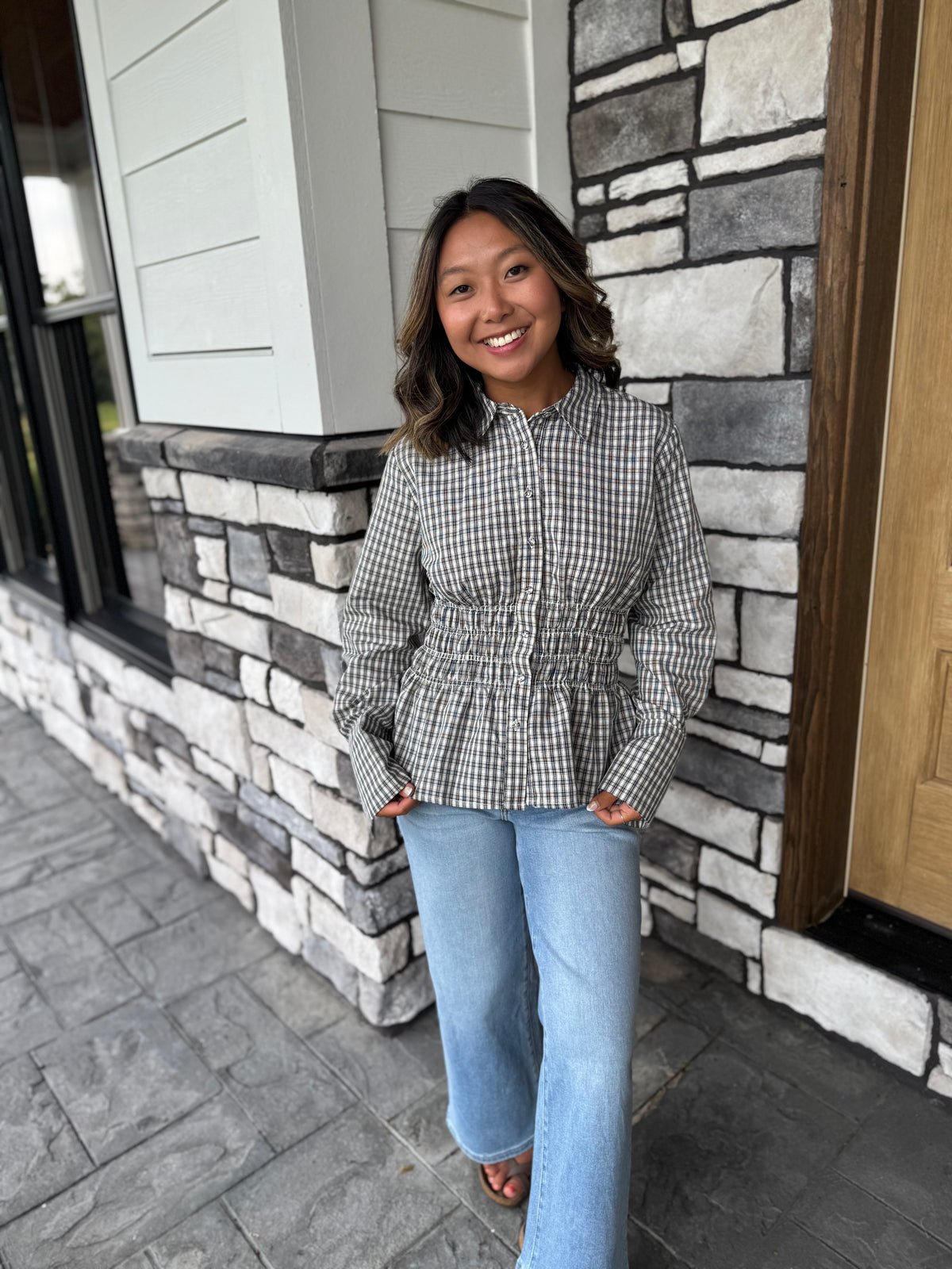 Stacy Black & White Plaid Shirred Waist Blouse