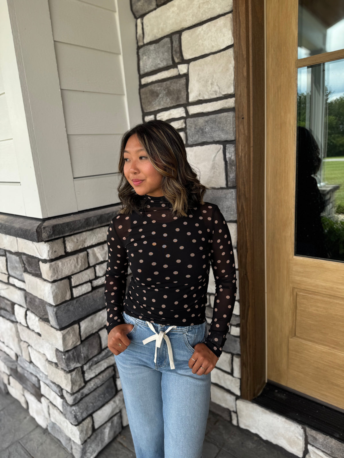 Emily Black & Tan Polka Dot Long Sleeve Mesh Top