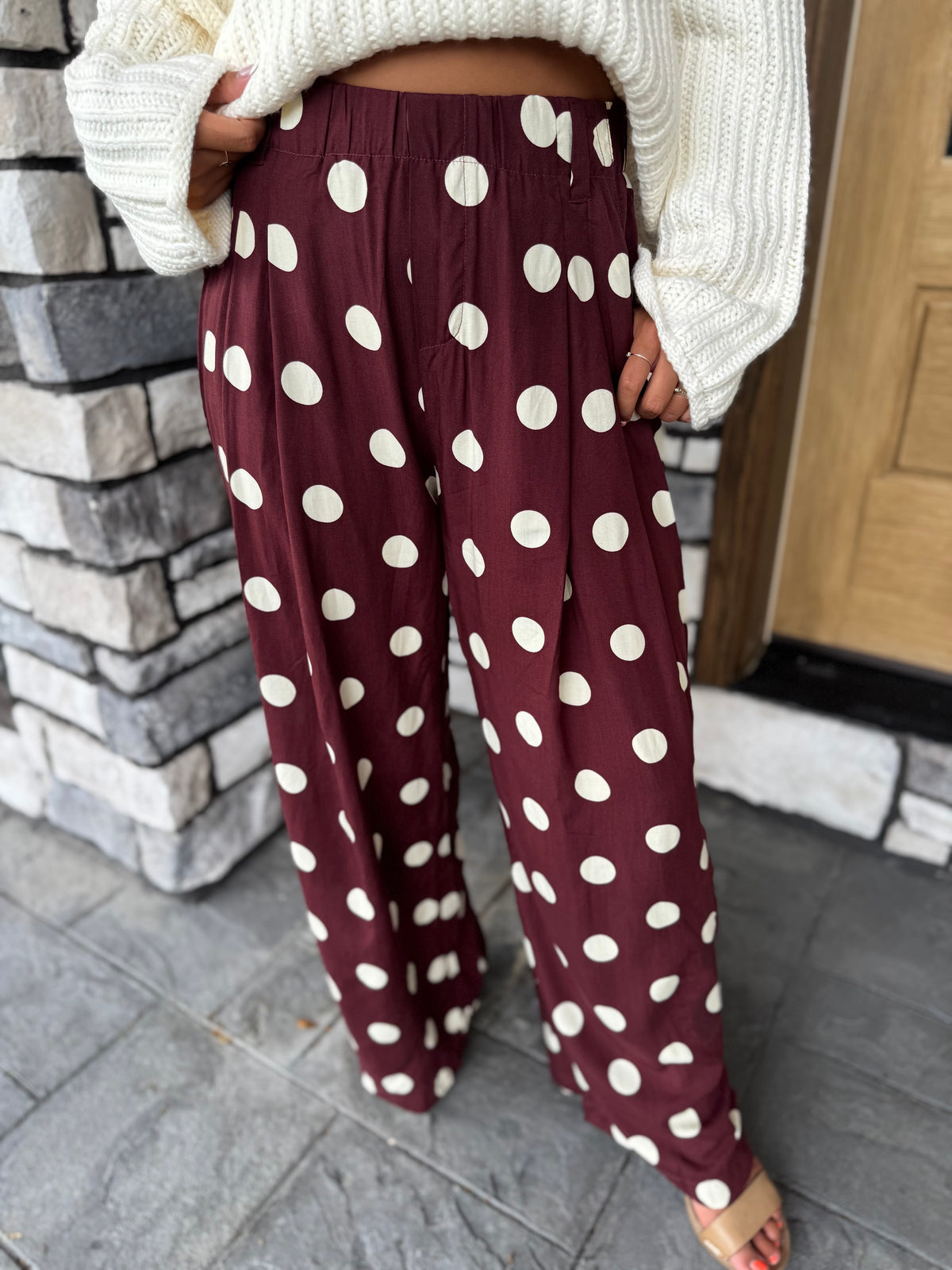 Ellie Burgundy & Ivory Polka Dot Pleated Wide Leg Pants