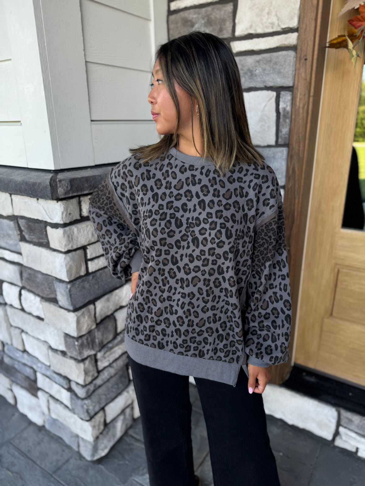 Palmer Charcoal Leopard Print Waffle Knit Pullover