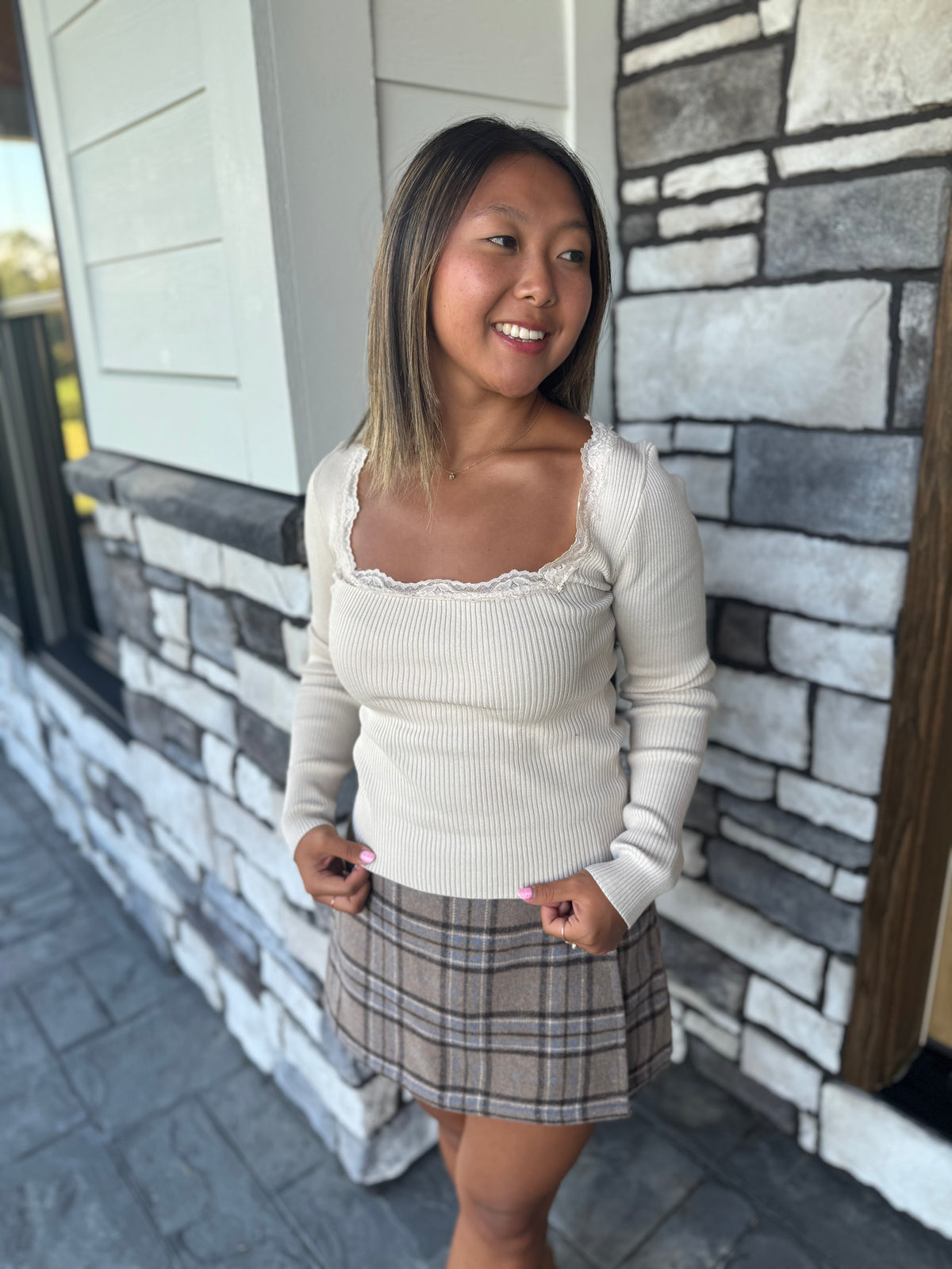 Marie Khaki Square Neck Lace Trim Ribbed Sweater Top