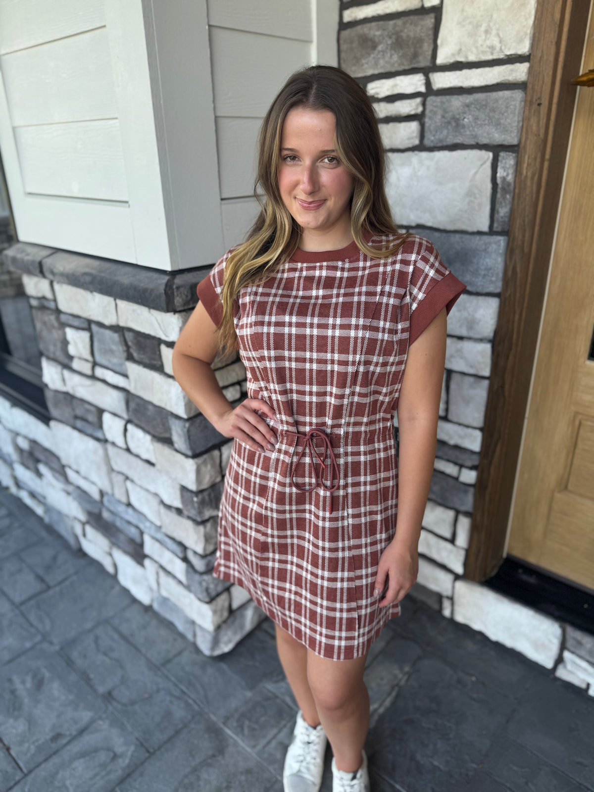 Becca Rust Soft Plaid Cap Sleeve Mini Dress