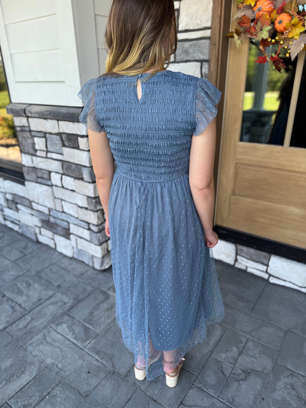 Presley Dusty Blue Polka Dot Chiffon Smocked Midi Dress
