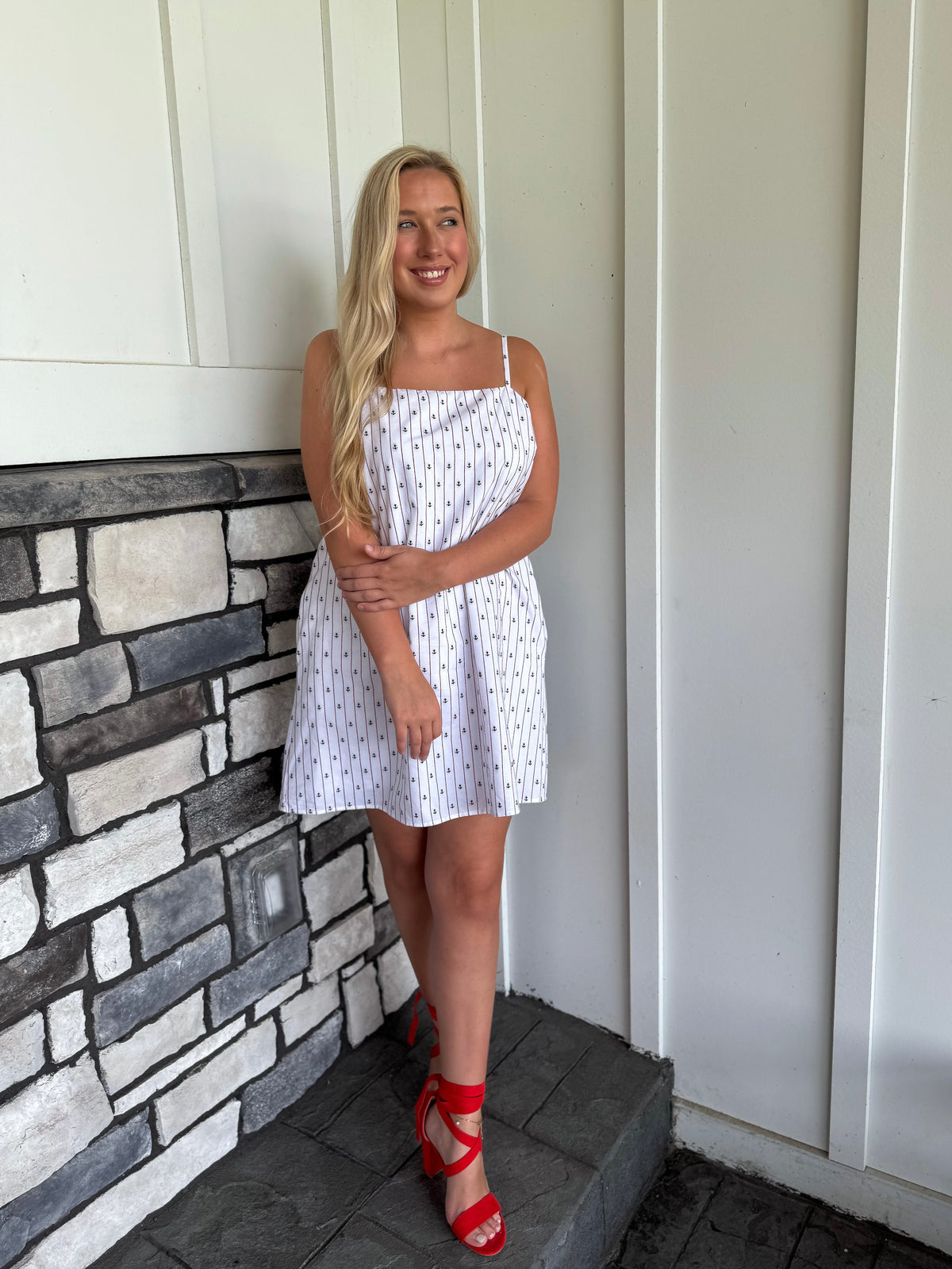 Jessa White & Navy Ditsy Anchor Print Mini Dress