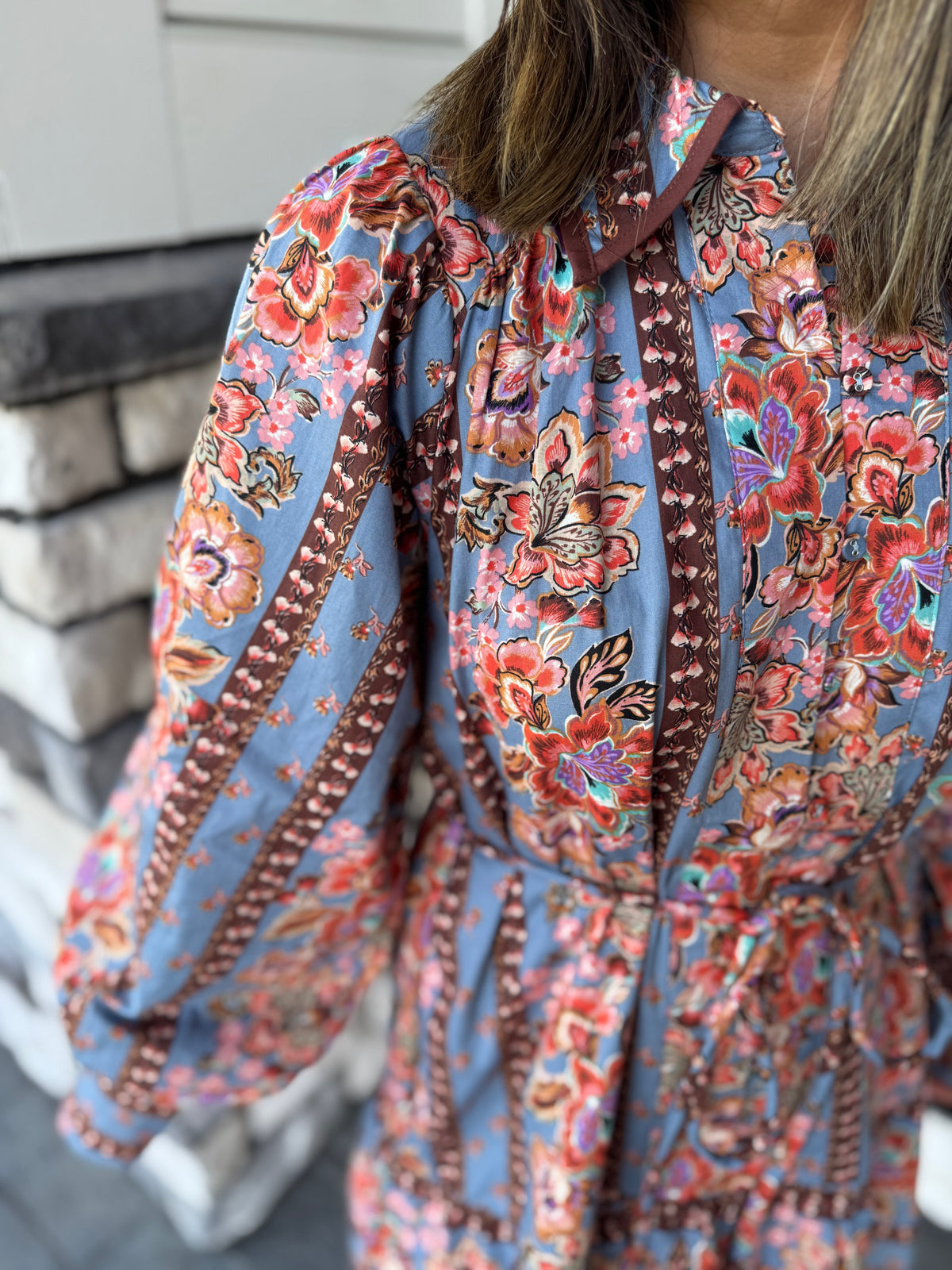 Leena Blue Floral Striped Belted Mini Dress