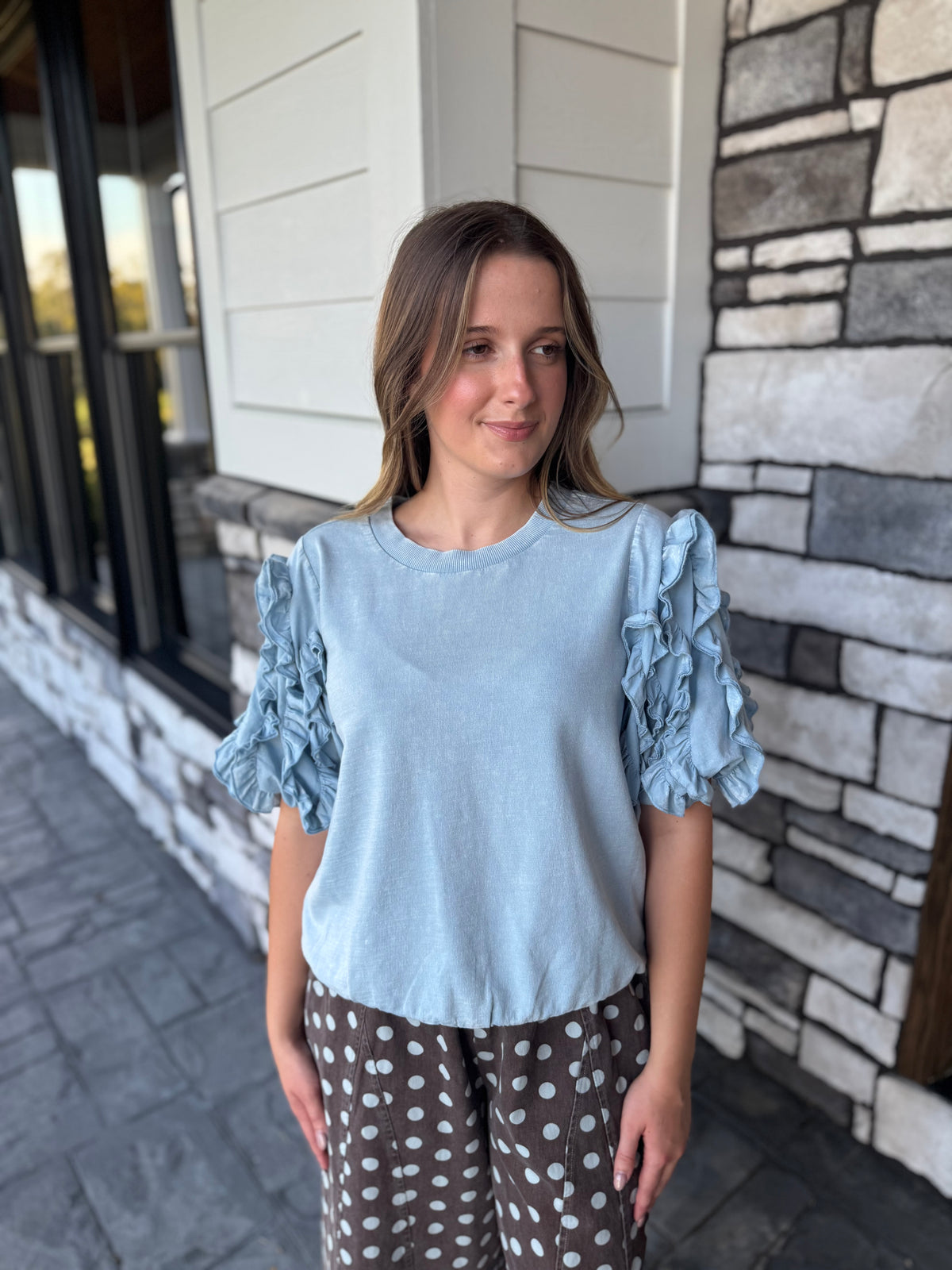 Isabella Bubble Short Sleeve Top W/ Ruffle Details