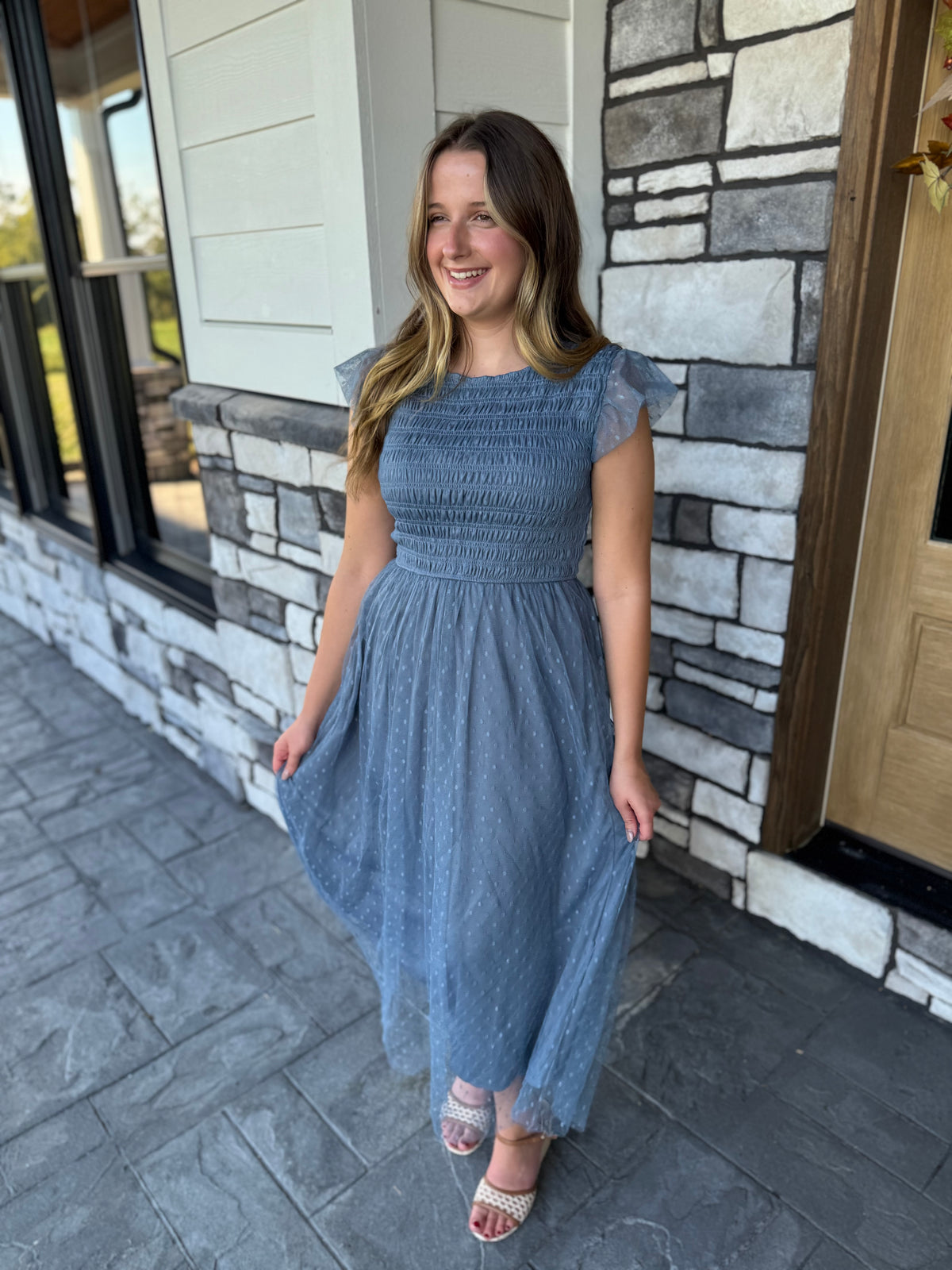 Presley Dusty Blue Polka Dot Chiffon Smocked Midi Dress