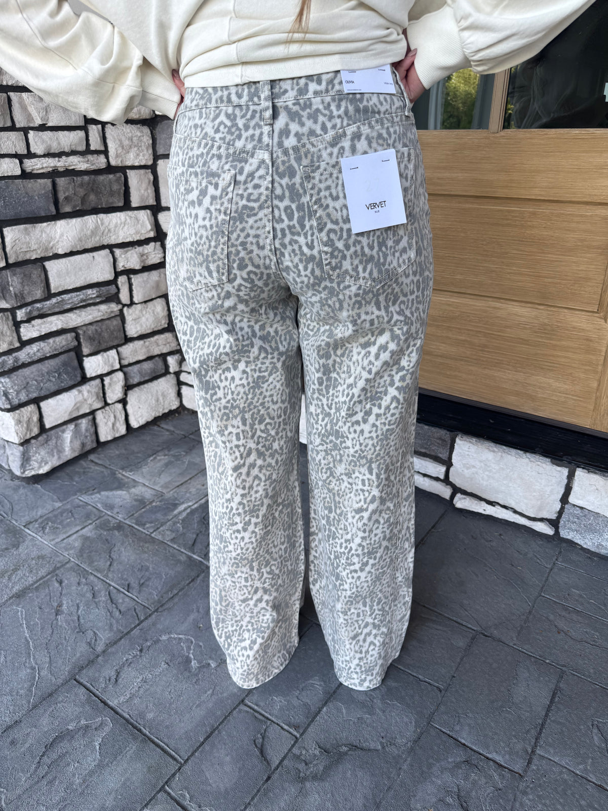 Leopard High Rise Drawstring Waistband Wide Leg Jeans