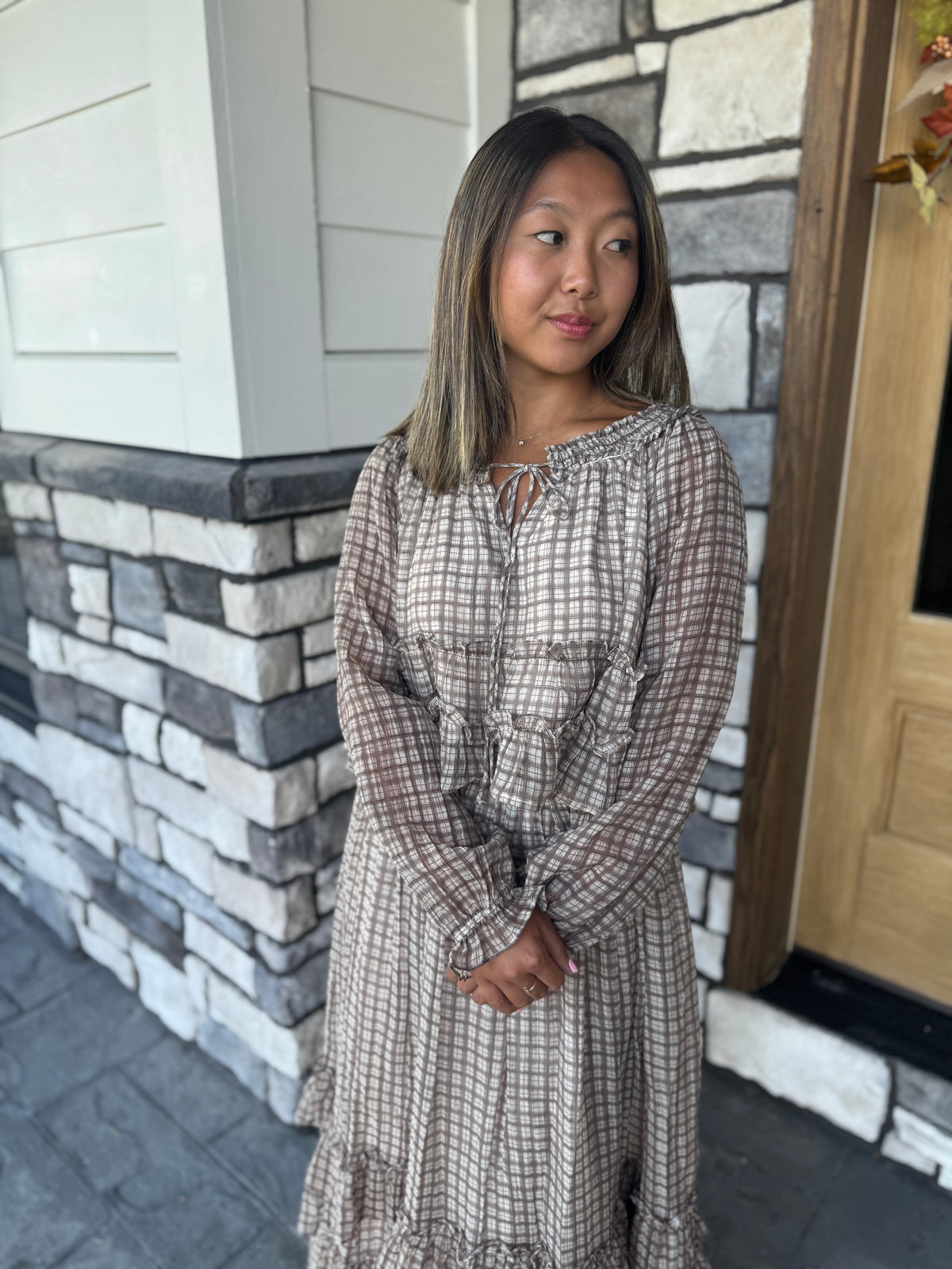 Lana Brown Plaid Smocked Neckline Top