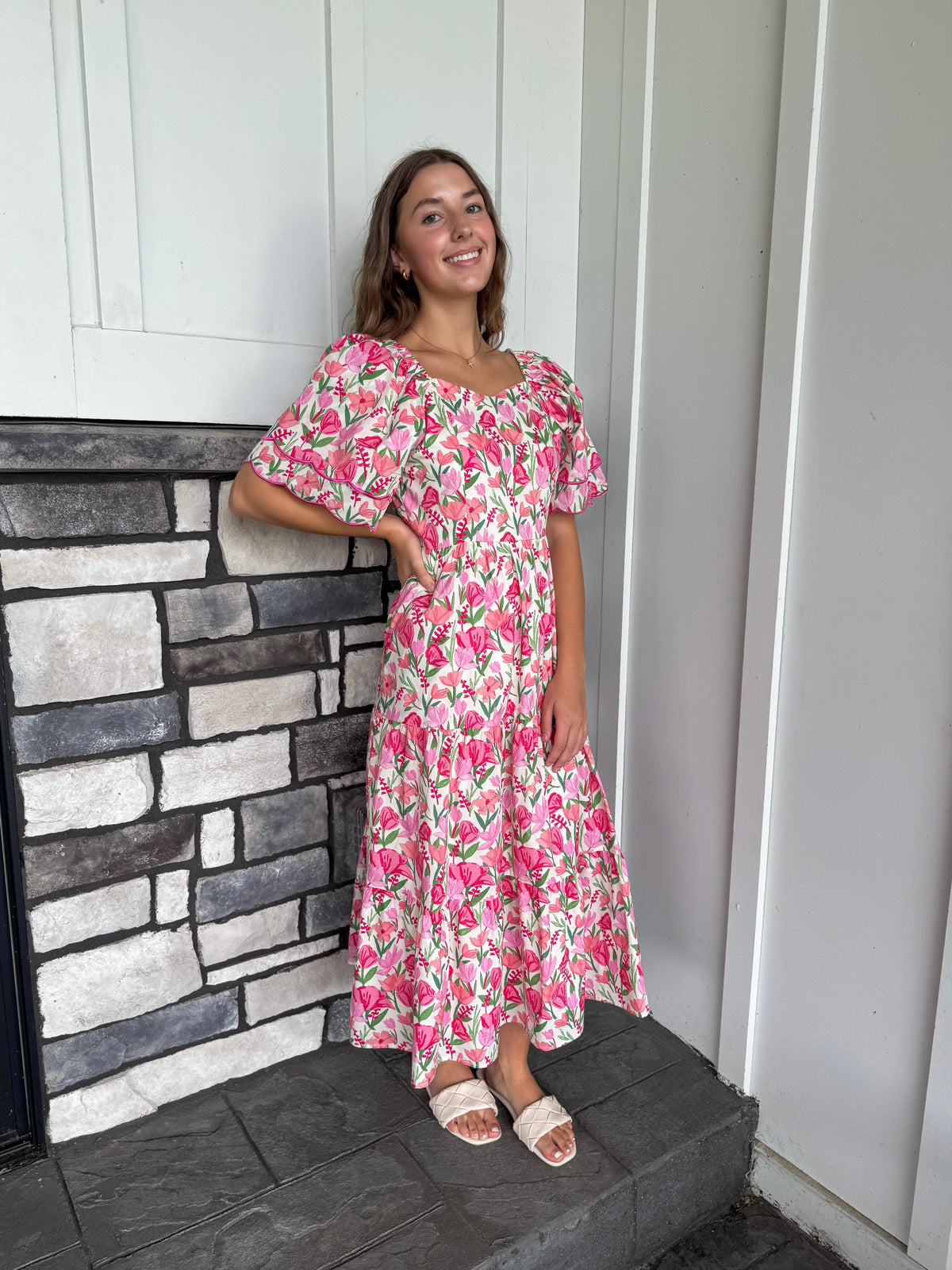 Taylor Pink Floral Contrast Piped Tulip Sleeve Dress