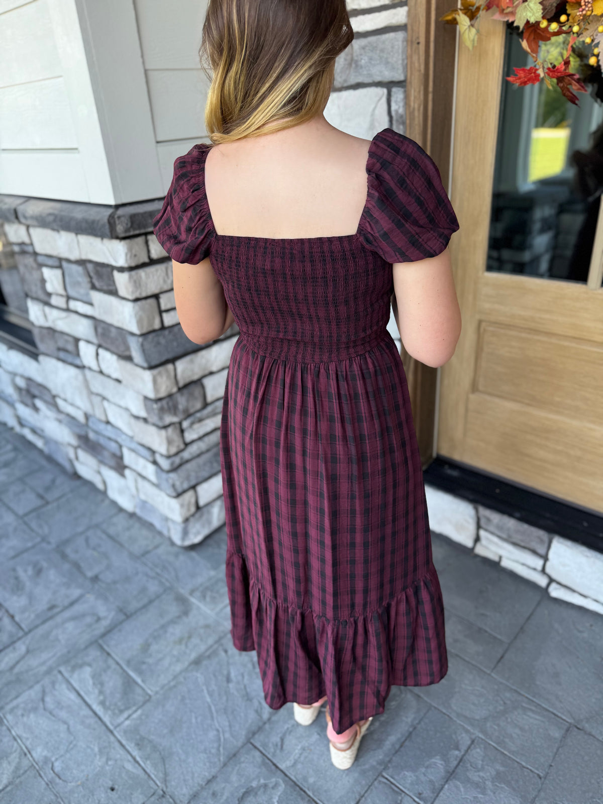 Noelle Burgundy Plaid Smocked Midi Dress