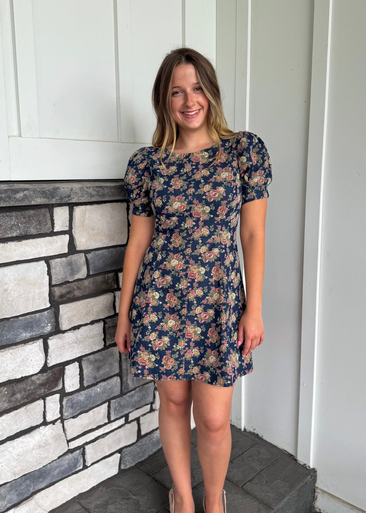 Elaine Floral Puff Sleeve Seam Detail Denim Mini Dress