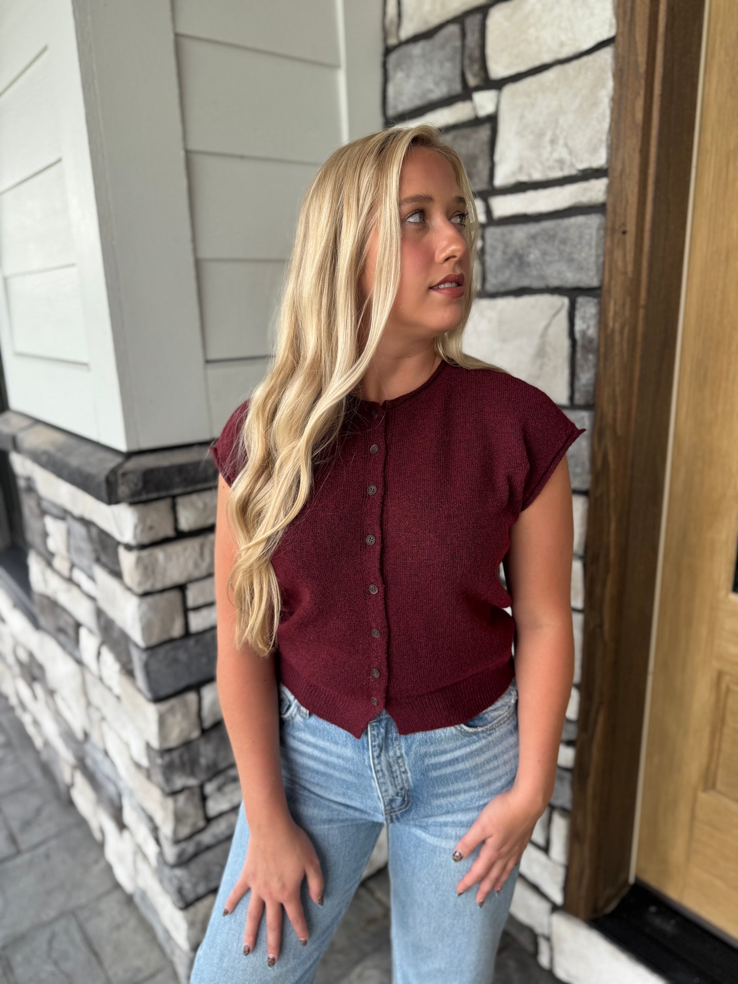 Marlow Burgundy Button Up Short Sleeve Sweater