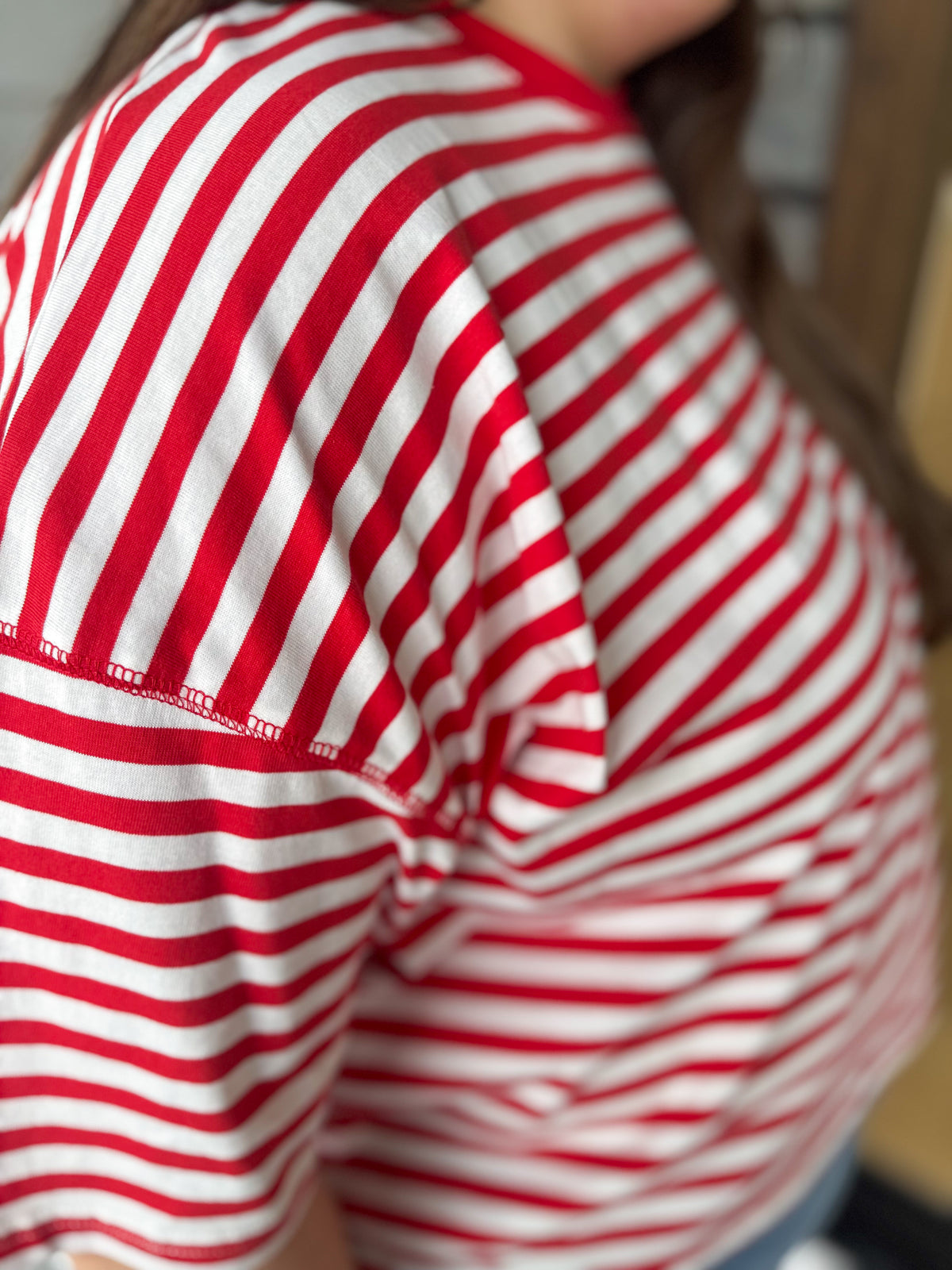 Hallie Red & Off White Striped Round Neck Slight Crop Oversized Tee