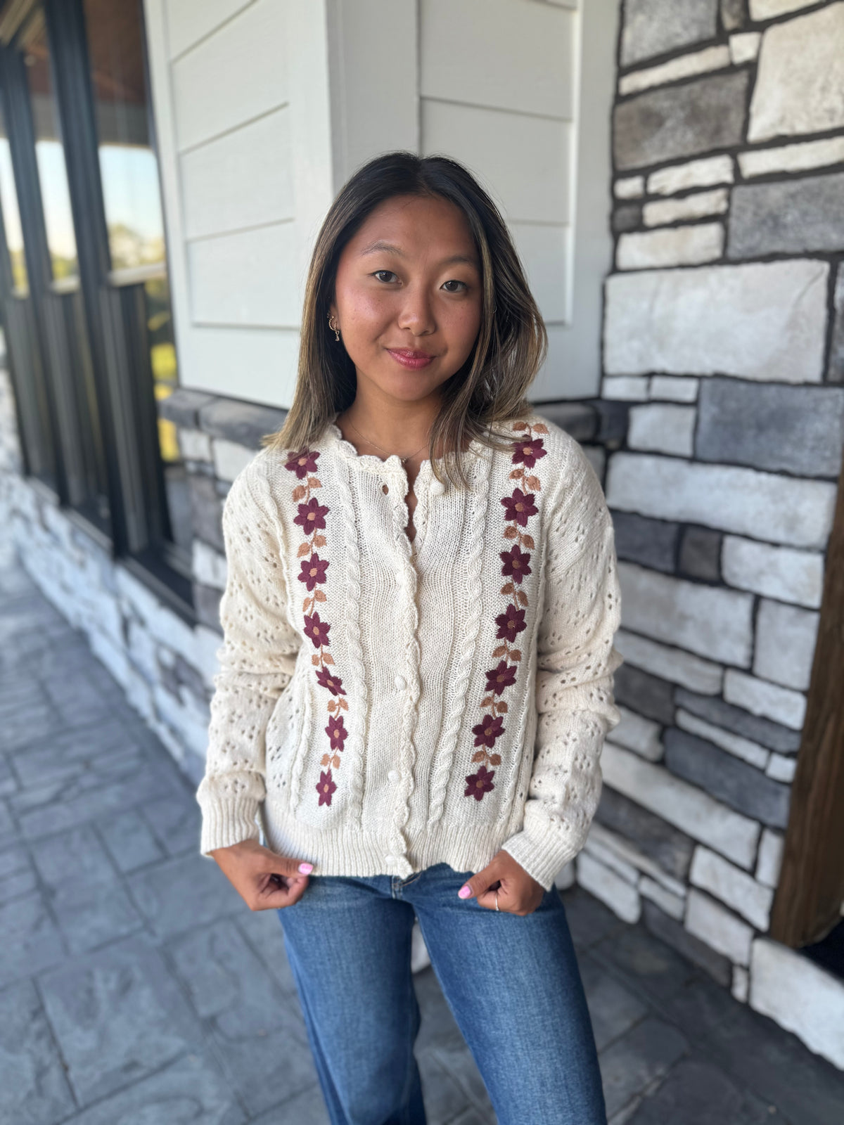 Claire Floral Embroidery Crochet Knit Detail Cardigan