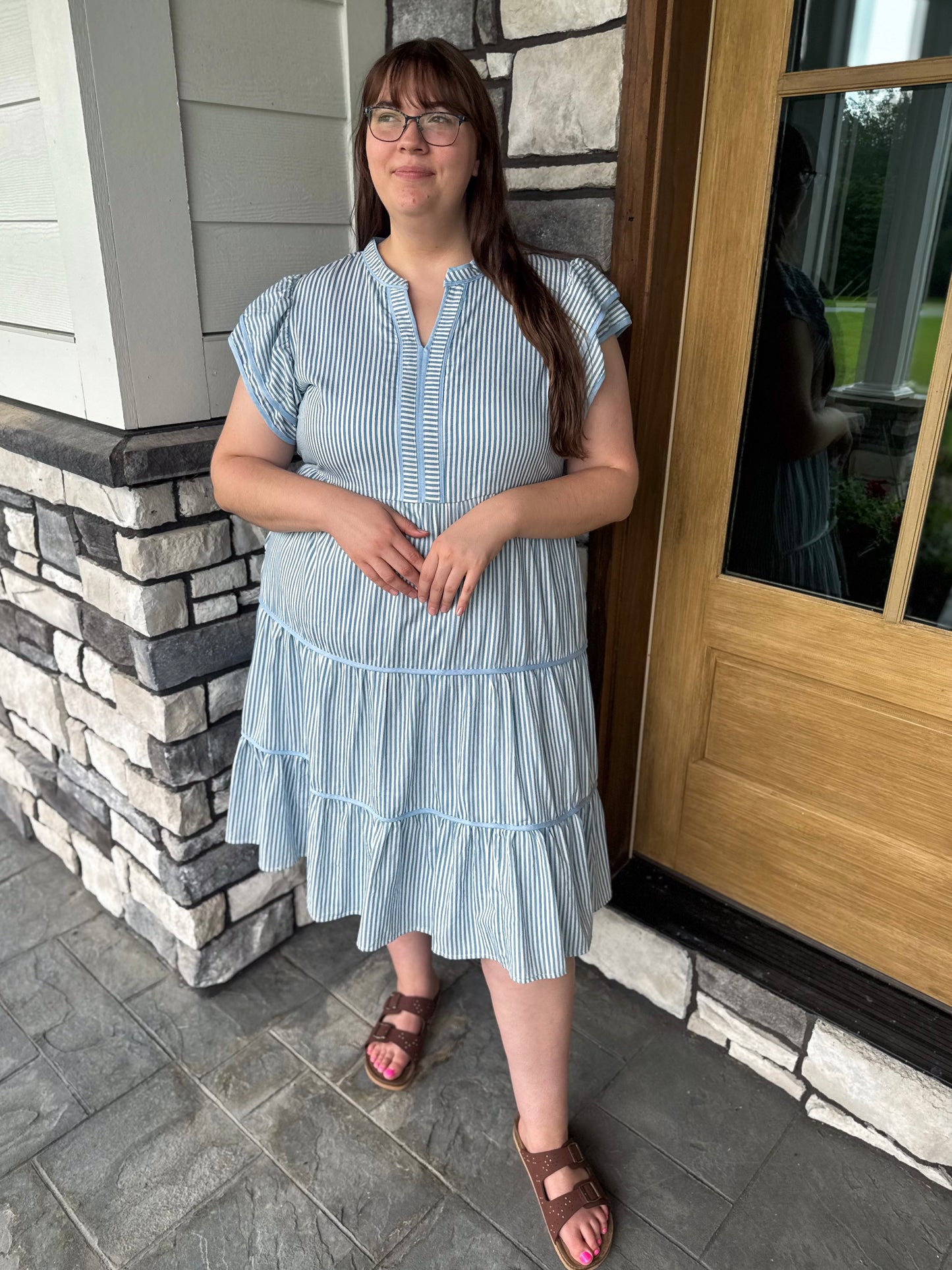 Tammy  Plus Size Baby Blue & White Pinstripe Double Ruffle Sleeveless Dress