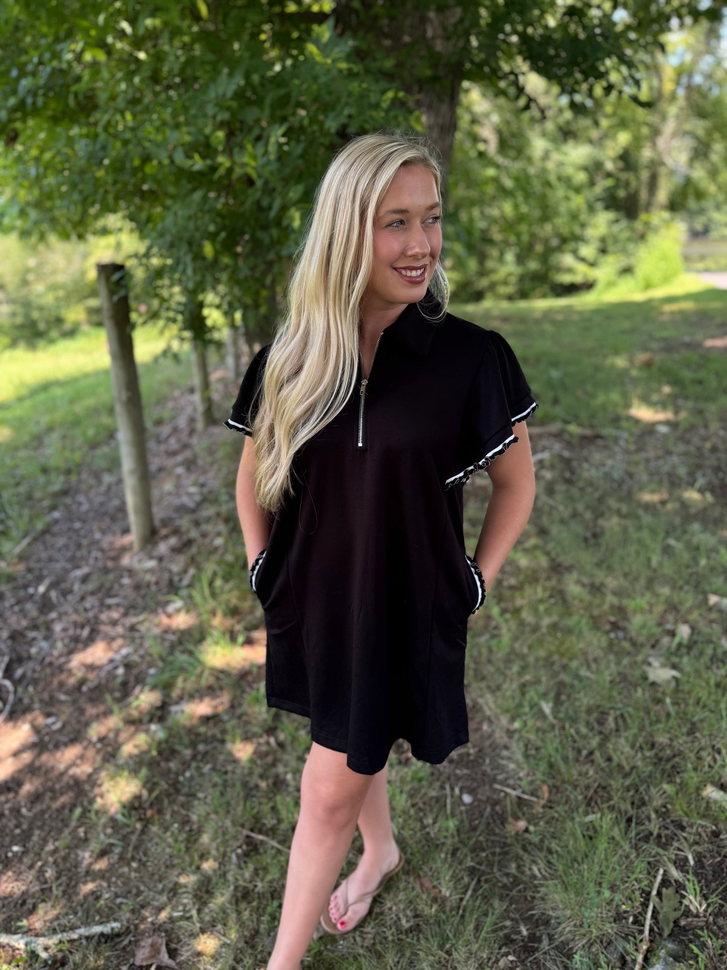 Vanessa Black Half Zip Scalloped Short Sleeve Knit Dress