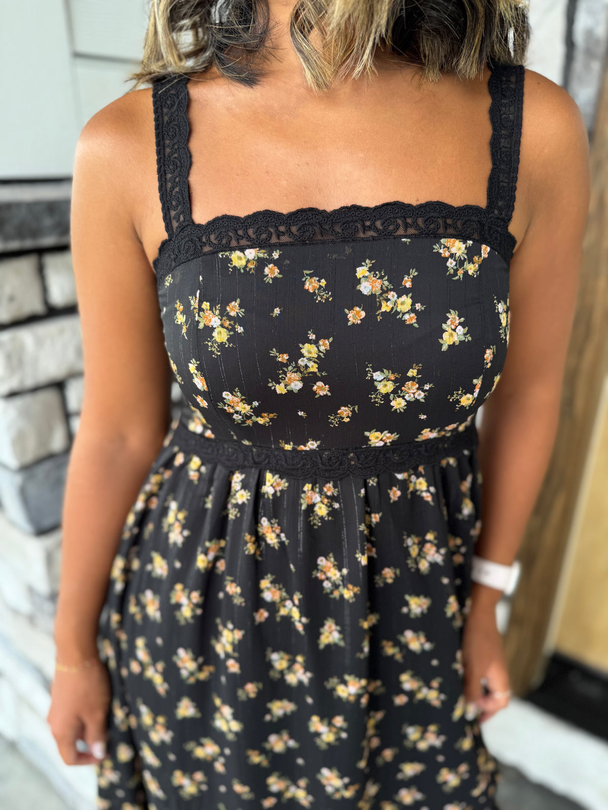 Everly Black Floral Glitter Midi Dress