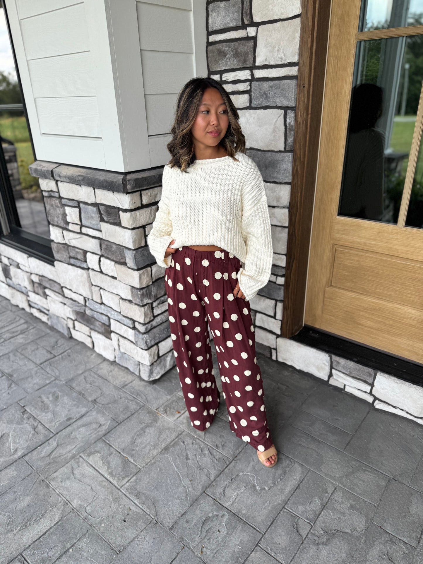 Ellie Burgundy & Ivory Polka Dot Pleated Wide Leg Pants